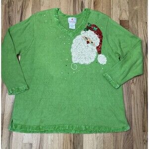 Vintage Quacker Factory Ugly Christmas Sweater Santa Beaded Sequin Green 2x